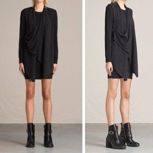 ALL SAINTS Drina Merino Wool Draped Convertible Sweater Knit Dress BlackGray 4 S - Picture 3 of 14